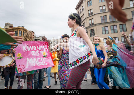 New York, USA. 30th Apr, 2017. Before a scheduled march to promote love and the power of positive emotions, participants in the 'Love Parade' rallied and danced on the North end of Union Square Park in New York. Credit: Albin Lohr-Jones/Pacific Press/Alamy Live News Stock Photo