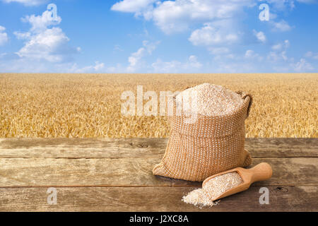 bran in sack and wooden scoop on table with ripe cereal field on the background. Food supplement to improve digestion. Dietary fiber. Product for heal Stock Photo