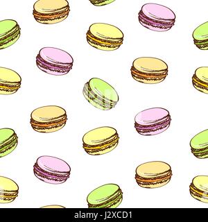 Seamless background with colored macaroons. Pasty traditional sweet macaroons biscuit. Cartoon style. Isolated on a white. Stock Vector