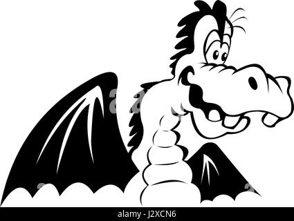 Black and white illustration of a happy cartoon dragon, isolated on a white background. Stock Vector