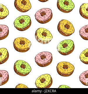 Hand drawn donut seamless pattern. Pastry illustration. Vector bakery background design Stock Vector