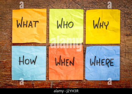 what, who,why,how, when and where questions - uncertainty, brainstorming or decision making concept, colorful crumpled sticky notes on rustic weathere Stock Photo