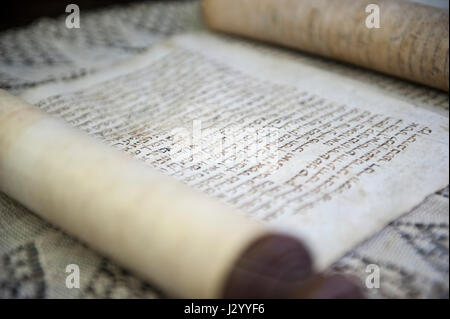 Close up of a  jewish papyrus in a museum Stock Photo