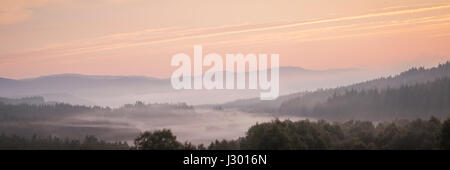 Tranquil view of woodland covered in the morning mist at north end of Lock Loyne in the  Scottish Highlands during sunrise. Stock Photo