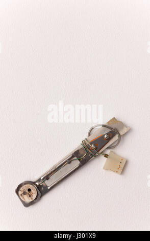 Result of a hard drive crash showing the acuator axis and arm (read/write head) as evidenced by crash marks/scratches/skids, circa 1985. Stock Photo