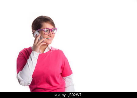 Business woman in pink speaks by phone Stock Photo