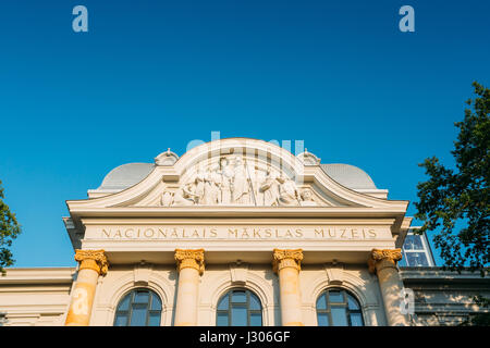 Riga, Latvia. Facade Of Building Of Latvian National Museum Of Art In Krisjana Valdemara Street Under Blue Clear Sky At Sunny Summer Day. Stock Photo