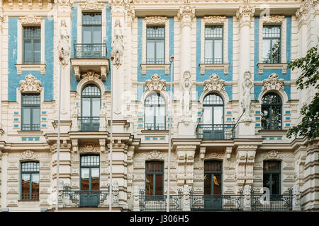 Riga, Latvia. Facade Of Old Art Nouveau Building Designed by Mikhail Eisenstein on Strelnieku Street Stock Photo