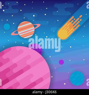 Space elements - planets, rings, comet, stars in flat style Stock Vector
