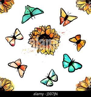 Vector and watercolor butterflies and sunflowers seamless patter Stock Vector