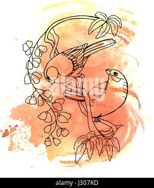 Victorian style birds on watercolor texture, vector design eleme Stock Vector
