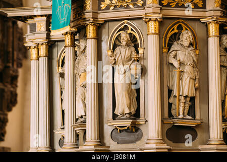 Riga, Latvia - July 2, 2016: Interior Of The Riga Dom Dome Cathedral Church. Decorative Elements, Statues On The Pulpit. Indoor Stock Photo