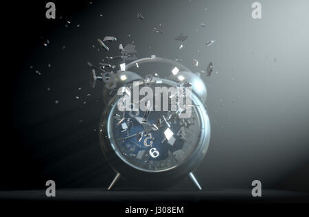 An old worn  metal vintage desk clock with its numbers smashing through the glass screen on a dramtic spotlit background- 3D Render Stock Photo