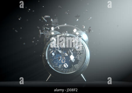 An old worn  metal vintage desk clock with its numbers smashing through the glass screen on a dramtic spotlit background- 3D Render Stock Photo