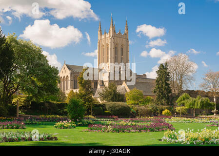 Bury St Edmunds Abbey Gardens, view across the Abbey Gardens towards St Edmundsbury Cathedral in the town centre of Bury St Edmunds, Suffolk, UK. Stock Photo