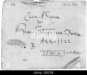 This refers to Anna Magdalena Bachâ€™s notebook, which contained musical compositions, some of which were by her husband, Johann Sebastian Bach. The notebook represents a significant part of 18th-century music history. Stock Photo