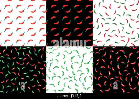 Doodle Hot Chili peppers, seamless pattern. Set of 6 tileable vector backgrounds, black, red, green and white colors. Textile or menu design element Stock Vector