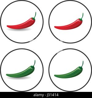 Hot Chili peppers, vector icons, 4 versions, with and without shadow, isolated on white. Cartoon red and green fresh peppers. Bright design element fo Stock Vector