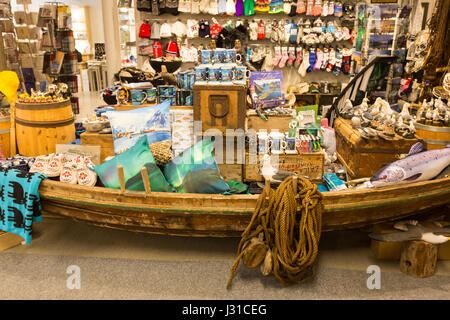 Leknes, Norway - March 19 2017: Traditional norwegian souvenirs on the showcase of tourist shop in Leknes town Stock Photo