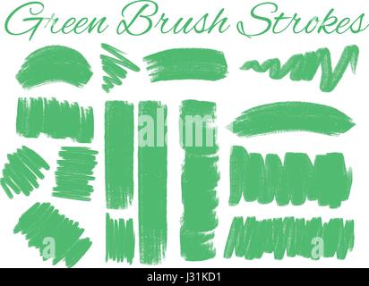 Different design of brush strokes in green illustration Stock Vector
