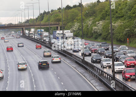 M0 Accident Near High Wycombe Bucks, UK. 1st May, 2017. A BMW car upturn on it roof just before junction 3 of the M40 (Loudwater turning) the car was head was going towards Oxford the queuing traffic trying to pass the accident Credit: Brian Southam/Alamy Live News Stock Photo