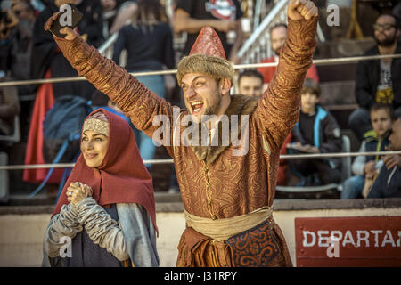 Barcelona, Catalonia, Spain. 1st May, 2017. The leader from team Russia in his recreated historical outfit cheers on his team as it fights against team USA in the 5x5 full contact competition on day 3 of the World Championship in Historical Medieval Battles, 'Battle of the Nations', in Barcelona. Credit: Matthias Oesterle/ZUMA Wire/Alamy Live News Stock Photo