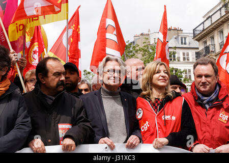 Paris, France. 1st May, 2017. Philippe Martinez (CGT) and Jean-Claude Mailly (FO) attend the annual May Day demonstrations on 1st May in Paris, France. Trade unionists and anti-capitalist activists gather annually around the world to attend May Day Rallies during International Labour Day. Credit: Bernard Menigault/Alamy Live News Stock Photo
