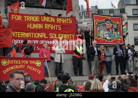 London, UK. 1st May, 2017. Britain's shadow chancellor of the exchequer John McDonnell addresses a May Day rally at the Trafalgar Square in London May 1, 2017. John McDonnell led the May Day rally Monday, calling on people to fight for social problems in the country. Credit: Tim Ireland/Xinhua/Alamy Live News Stock Photo