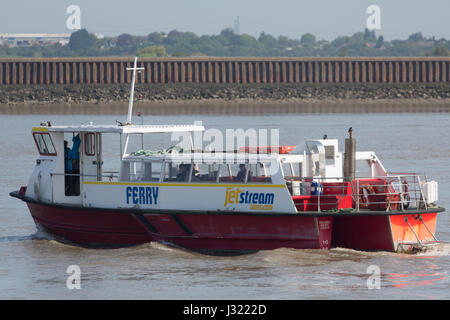 Gravesend, Kent, UK. 2nd May, 2017. A new operator and boat have taken over the historic ferry service on the Thames between Tilbury and Gravesend today. Thames Swift, pictured arriving at and leaving from Gravesend town pier pontoon, is the name of the new ferry boat. Rob Powell/Alamy Live News Stock Photo