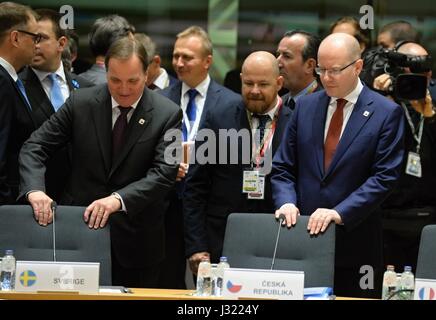 Brussels, Belgium. 29th Apr, 2017. Czech Prime Minister BOHUSLAV SOBOTKA (right) and Swedish Prime Minister Stefan Lofven (left) during the EU summit in Brussels on Saturday, April 29, 2017. Credit: Jakub Dospiva/CTK Photo/Alamy Live News Stock Photo