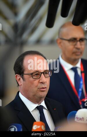 Brussels, Belgium. 29th Apr, 2017. French President FRANCOIS HOLLANDE speaks during the EU summit in Brussels on Saturday, April 29, 2017. Credit: Jakub Dospiva/CTK Photo/Alamy Live News Stock Photo