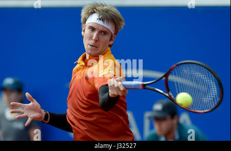 Munich, Germany. 02nd May, 2017. German tennis player Cedrik-Marcel Stebe in action against Pella from Spain in the men's singles match at the ATP tour in Munich, Germany, 02 May 2017. Photo: Angelika Warmuth//dpa/Alamy Live News Stock Photo