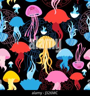 Seamless marine bright pattern with multi-colored jellyfish Stock Vector