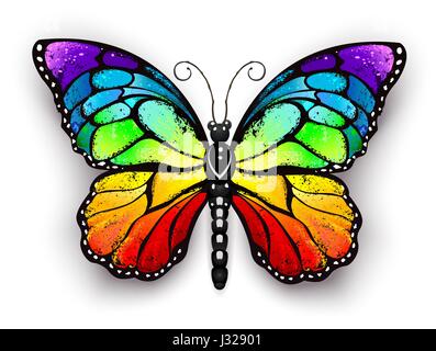Realistic monarch butterfly in all the colors of the rainbow on a white background. Rainbow butterfly. Stock Vector