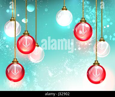 Fashion chandelier with hanging red round glass light bulb glow on the turquoise background. Design with bulbs. Stock Vector