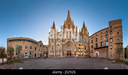 BARCELONA, SPAIN - NOVEMBER 16, 2014: Panorama of Cathedral of the Holy Cross and Saint Eulalia in Barcelona. The cathedral was constructed from the 1 Stock Photo