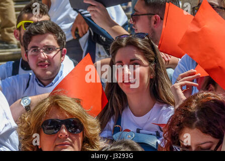 Rome, May 9, 2014 - Flash mob I love EU . Minister Stefania Giannini on the steps of Piazza di Spagna with dozens of kids to celebrate Europe Stock Photo