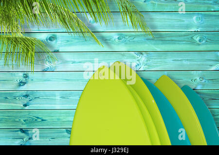 Stack of colorful surfboards on a tropical blue wooden planks background with  palm tree Stock Photo