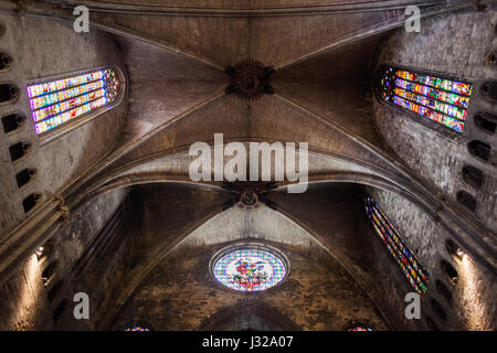 Gothic Groin Vault of Girona Cathedral in Gerona, Catalonia, Spain Stock Photo