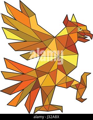 Low polygon style illustration of a glifo from the azteca's culture of a Cuauhtli showing an eagle in a fighting stance viewed from the side set on is Stock Vector