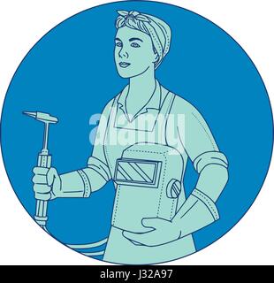 Mono line style illustration of a female welder holding acetylene welding torch and visor viewed from front set inside circle. Stock Vector