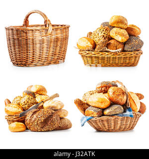 Different fresh bread rolls, buns and basket collection isolated on white background Stock Photo