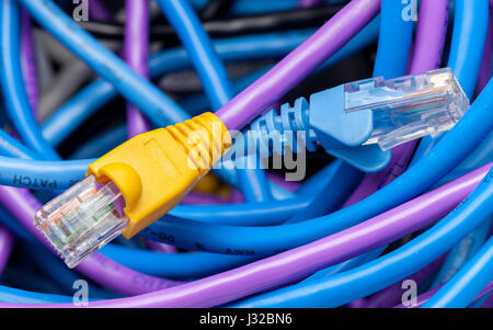 Plugs on cat5e ethernet cables and coloured network cables Stock Photo