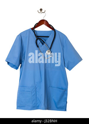 Blue medica Doctor scrubs uniform shirt with stethoscope Stock Photo