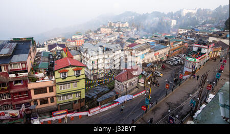 Centre of Darjeeling hill town, packed with shops, restaurants and hotels. Stock Photo