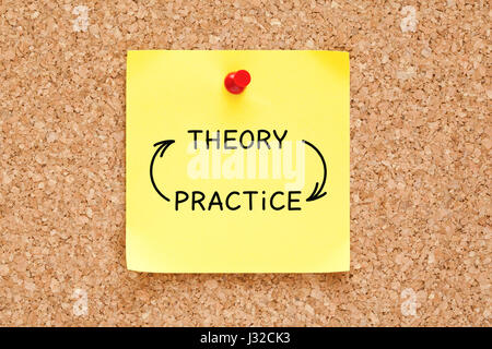 Theory Practice arrows concept written on yellow sticky note pinned on bulletin cork board.