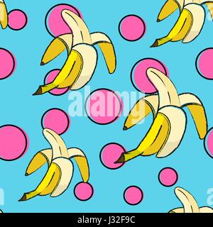 Yellow bananas with pink circles on blue background Stock Vector