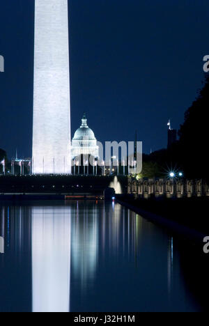 The Washington Monument and the US Capitol seen from the reflecting pool on the national mall, Washington, D.C. Stock Photo