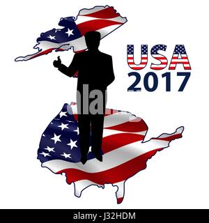 The silhouette of the President standing on the USA map filled with American flag waving in the wind Stock Vector