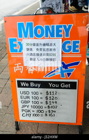 Money Exchange board showing rate of exchange of some Asian currencies, Far North Queensland, FNQ, QLD, Australia Stock Photo